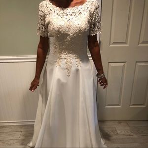 Mary's Bridal Gown Short Sleeves Floral Lace Bodice, High Neckline Low V in Back